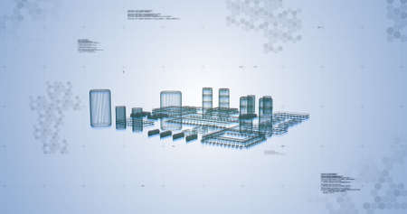 Image of digital elements compounds moving and data processing. global computing technology and...