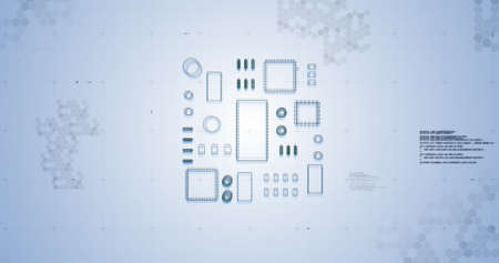 Image of digital elements compounds moving and data processing. global computing technology and...