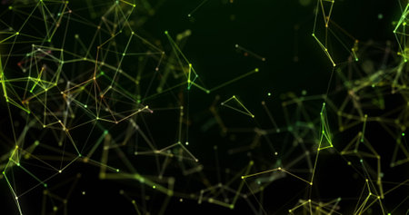 Image of moving yellow and green glowing 3d plexus structure spinning with network of connections,...
