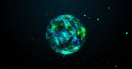 Image of moving blue green globe of 3d plexus structure spinning with network of connections, information flowing on black background. Global medicine neurology digital information concept digitally generated image. 4kの写真素材