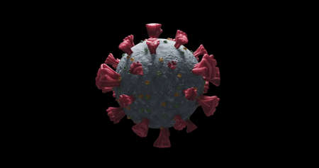 Image of a macro Coronavirus Covid-19 cell spinning on black background. Medicine public health pandemic coronavirus Covid 19 outbreak concept digitally generated image. 4kの写真素材