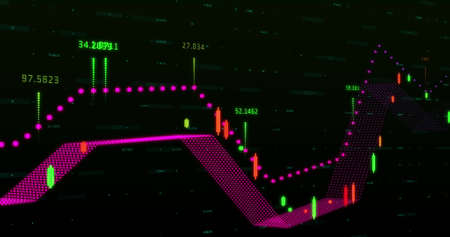 Image of a colourful graph with colourful numbers over a world map and a grid. Global economy stock...
