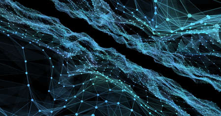 Image of multiple blue geomatrical shapes and webs of connections making two landscapes on black...
