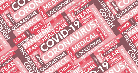 Image of words .Coronavirus Covid-19 related in colourful banners, forming a table.Global pandemic coronavirus Covid 19 outbreak concept digital compositionの写真素材
