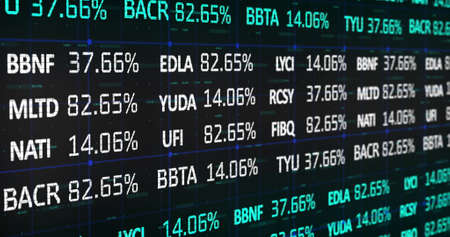 Image of white and blue stock market data rolling and processing over a grid. Global economy stock...