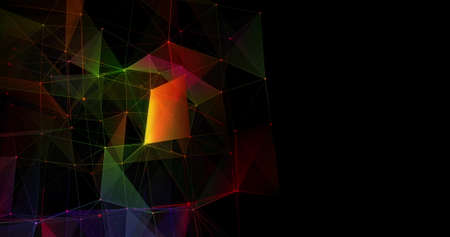 Image of a floating sphere made of colourful shapes moving and waving on black background digital...