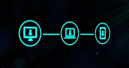 Image of three green digital computer interface icons on glowing green background. Global computer...
