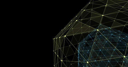 Image of a blue sphere made of geometrical connections spinning inside a golden sphere made of...