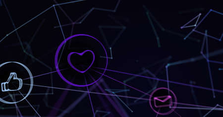 Image of interface network of light connections with digital icons moving on black background,...
