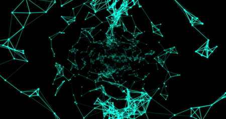 Image of multiple blue geomatrical shapes and webs of connections making a tunnel on black...