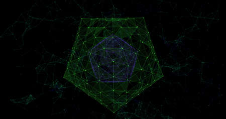 Image of a purple sphere made of connections spinning inside a spinning green sphere made of...