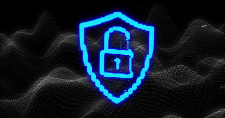 Image of digital computer interface online security blue glowing padlock icon on flowing mesh on black background. Global computer network and online security concept digitally generated image.の写真素材