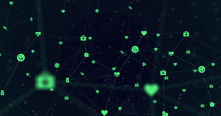 Image of digital interface and network of connections with green icons on black background. Global...