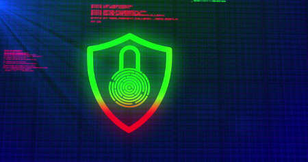 Image of digital computer interface online security red and green glowing padlock icon on blue...