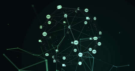 Image of digital interface and network of connections with green financial and currency icons on...