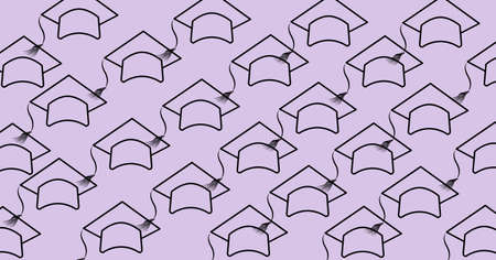 Composition of multiple graduation hats on purple background. education, school and learning concept digitally generated image.の写真素材