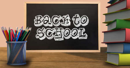 Composition of back to school text and school items. education, school and learning concept...