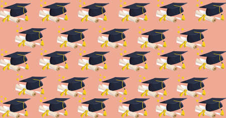Composition of multiple graduation hats on salmon background. education, school and learning concept digitally generated image.の写真素材