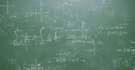 Composition of mathematical equations over green chalkboard. education, school and learning concept digitally generated image.の写真素材