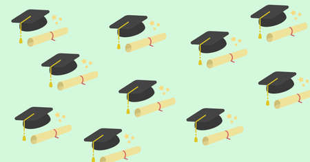 Composition of multiple graduation hats on green background. education, school and learning concept digitally generated image.の写真素材