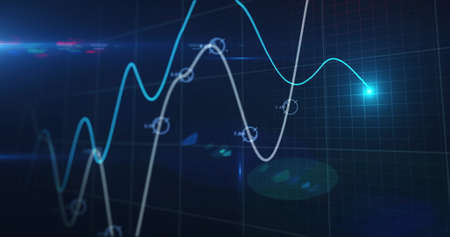 Image of financial data processing, two lines with glowing spot on grid. global business finance...