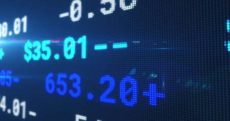 Image of stock exchange display board with numbers changing on blue. global business finance concept digitally generated image.の写真素材