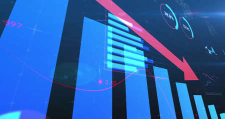 Image of financial data processing, arrow pointing down and statistics. global business finance...