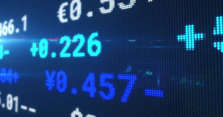 Image of stock exchange display board with numbers changing on blue. global business finance concept...