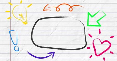 Image of black outlined speech bubble with green arrow and colourful icons on lined paper. communication and information concept digitally generated image.の写真素材