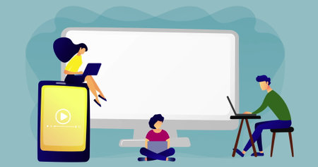 Image of screen and people using electronic devices networking. connection communication technology social distancing in workplace during covid 19 pandemic.の写真素材