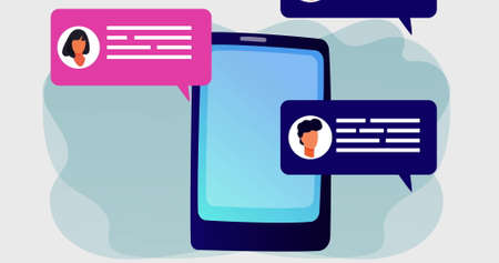 Image of digital tablet screen with social media speech bubbles. connection communication social...