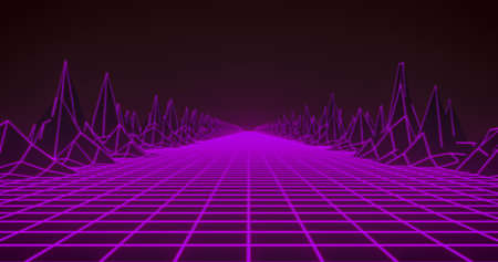 Image of glowing pink grid and map with mountains moving on seamless loop. retro image gaming colour...