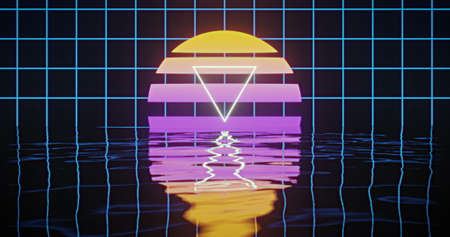 Image of white triangle over glowing yellow to purple circle over blue grid reflected in water. retro colour and movement concept digitally generated image.の写真素材