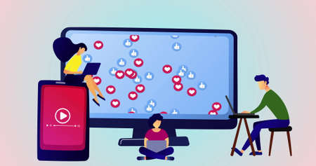 Image of screen with social media icons people using electronic devices. connection communication...