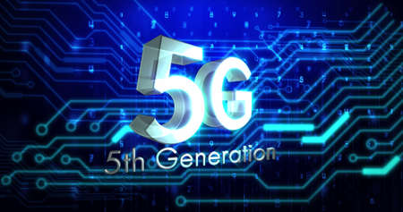 Image of 5g 5th generation text over glowing computer circuit board elements. global network...