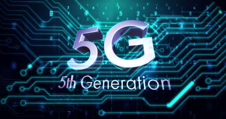 Image of 5g 5th generation text over glowing computer circuit board elements. global network connections and communication concept digitally generated image.の写真素材