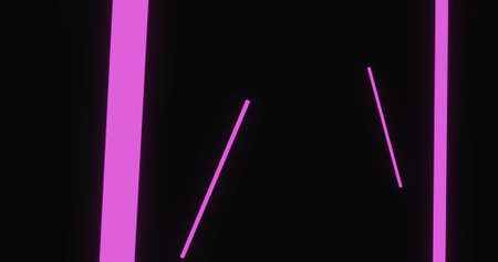 Pulsating pink neon strip lights floating on a black background. energy, electricity, colour and movement concept, digitally generated image.の写真素材