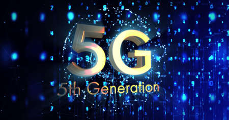 Image of 5g 5th generation text over glowing globe spinning and numbers changing. global network connections and communication concept digitally generated image.の写真素材