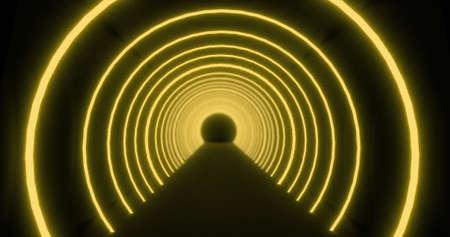 Moving through a tunnel of concetric yellow neon arcs pulsating on a black background. energy, electricity, colour and movement concept, digitally generated image.の写真素材