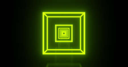 Image of multiple glowing neon green cubes moving on seamless loop. colour and movement concept digitally generated image.の写真素材