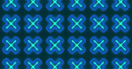 Image of multiple glowing neon blue kaleidoscope shapes moving on seamless loop. colour and movement concept digitally generated image.の写真素材