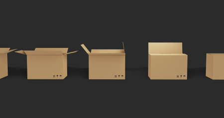 Seamless row of brown cardboard boxes with lids closing on black background. packing boxes going for...