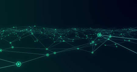 Image of multiple green hexagons forming network of connections and statistics moving in hypnotic motion on black background. Colour and movement concept digitally generated image.の写真素材