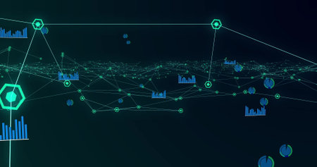 Image of multiple green hexagons forming network of connections and statistics moving in hypnotic motion on black background. Colour and movement concept digitally generated image.の写真素材