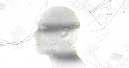 Image of 3d grey glowing human head model with network of connections and data processing on white background. Global medicine science research concept digitally generated image.の写真素材