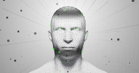 Image of 3d grey glowing human head model with network of connections and data processing on grey background. Global medicine science research concept digitally generated image.の写真素材