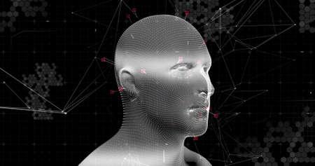 Image of 3d grey glowing human head model with network of connections and data processing on black...
