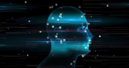 Image of 3d blue glowing human head model with network of connections and data processing on glowing...