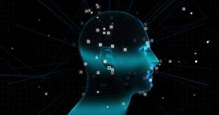Image of 3d blue glowing human head model with network of connections and data processing on black background. Global medicine science research concept digitally generated image.の写真素材