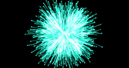 Image of burst of multiple green light trails exploding on black background. Colour and movement concept digitally generated image.の写真素材